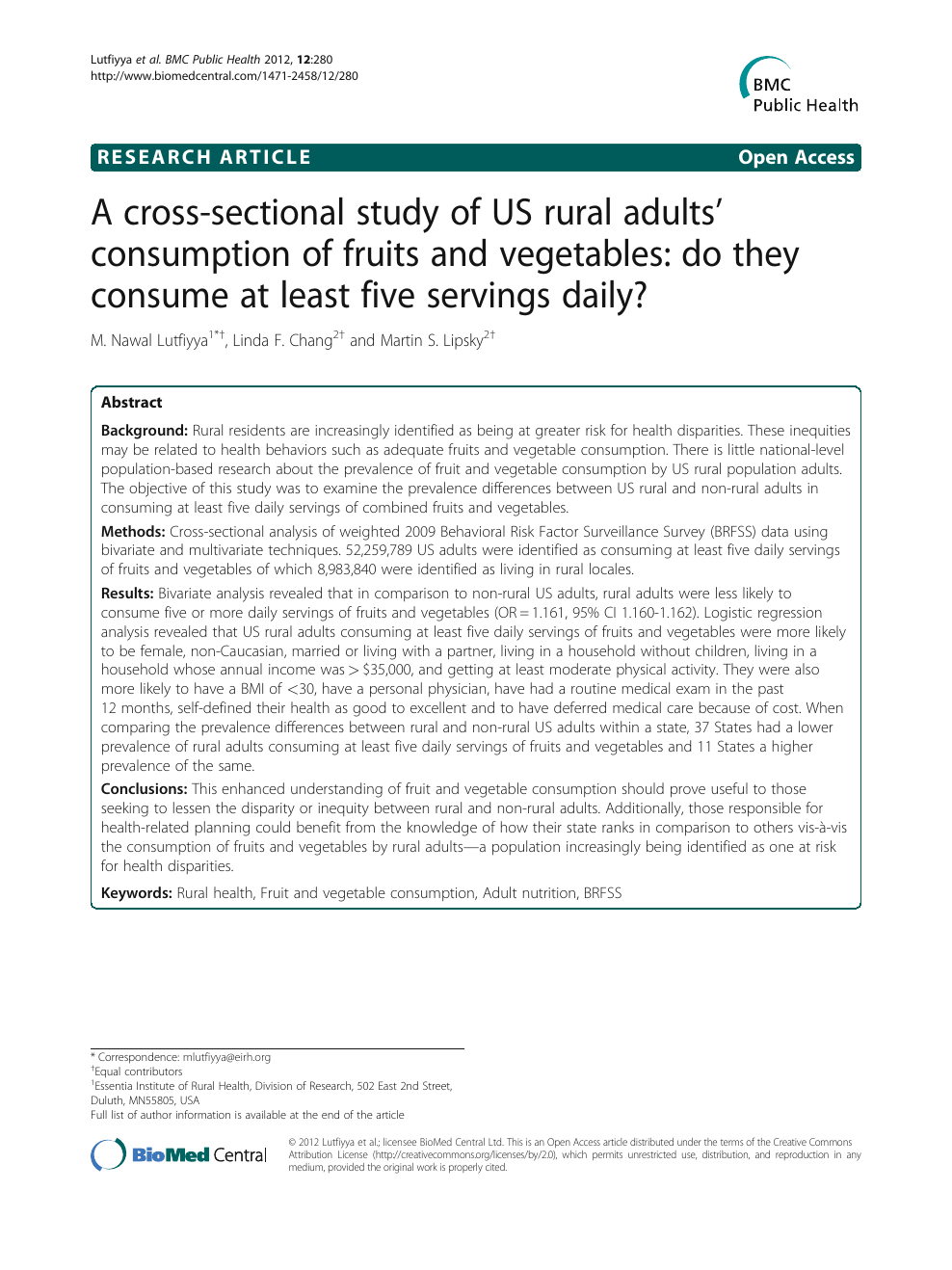 A Cross Sectional Study Of Us Rural Adults Consumption Of Fruits And Vegetables Do They Consume At Least Five Servings Daily Topic Of Research Paper In Health Sciences Download Scholarly Article Pdf