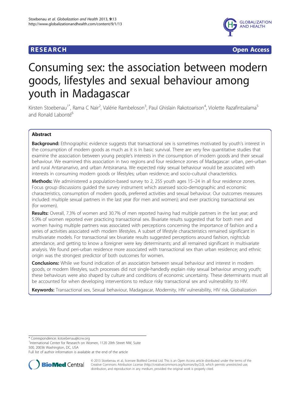 Consuming sex: the association between modern goods, lifestyles and sexual  behaviour among youth in Madagascar – topic of research paper in Sociology.  Download scholarly article PDF and read for free on CyberLeninka