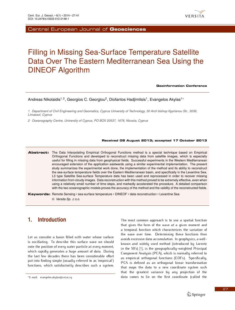 Filling In Missing Sea Surface Temperature Satellite Data Over The Eastern Mediterranean Sea Using The Dineof Algorithm Topic Of Research Paper In Earth And Related Environmental Sciences Download Scholarly Article Pdf And