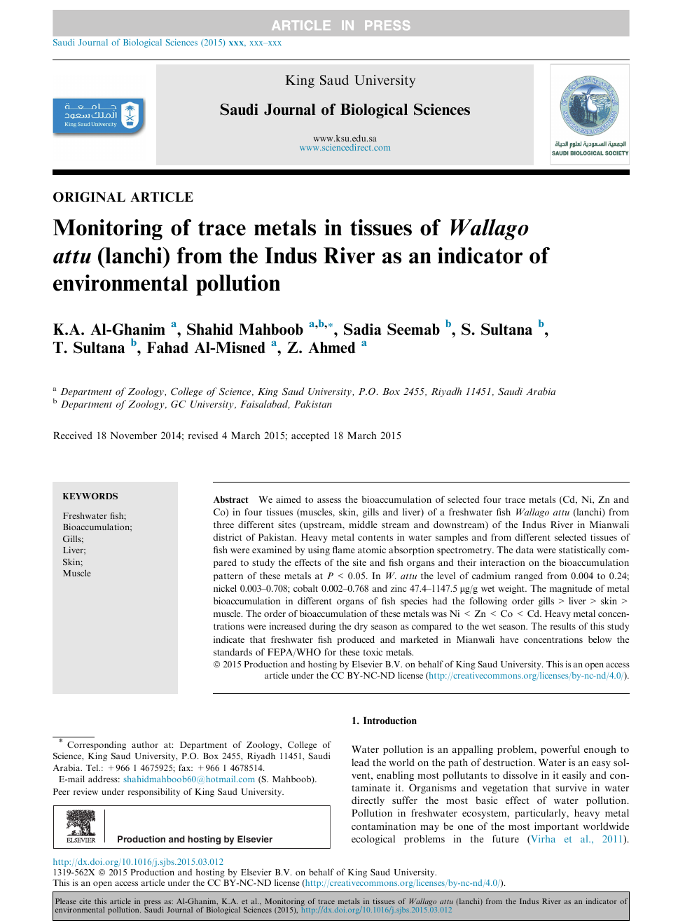 Monitoring Of Trace Metals In Tissues Of Wallago Attu Lanchi From The Indus River As An Indicator Of Environmental Pollution Topic Of Research Paper In Chemical Sciences Download Scholarly Article Pdf