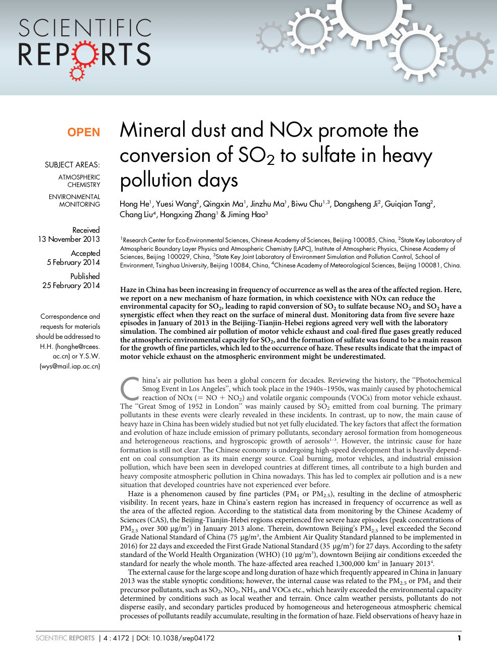 Mineral Dust And Nox Promote The Conversion Of So2 To Sulfate In Heavy Pollution Days Topic Of Research Paper In Earth And Related Environmental Sciences Download Scholarly Article Pdf And Read