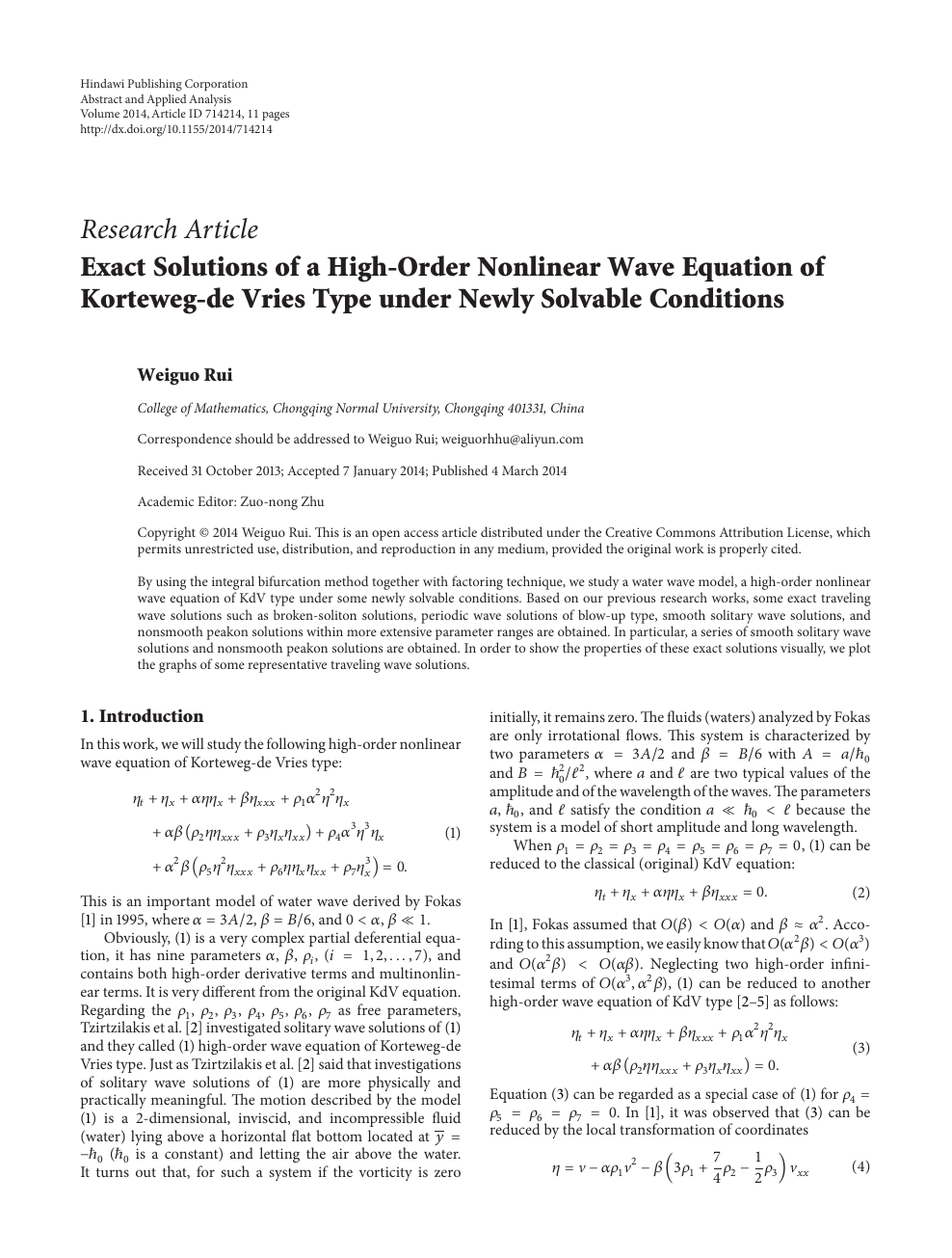 Exact Solutions Of A High Order Nonlinear Wave Equation Of Korteweg De Vries Type Under Newly Solvable Conditions Topic Of Research Paper In Mathematics Download Scholarly Article Pdf And Read For Free On