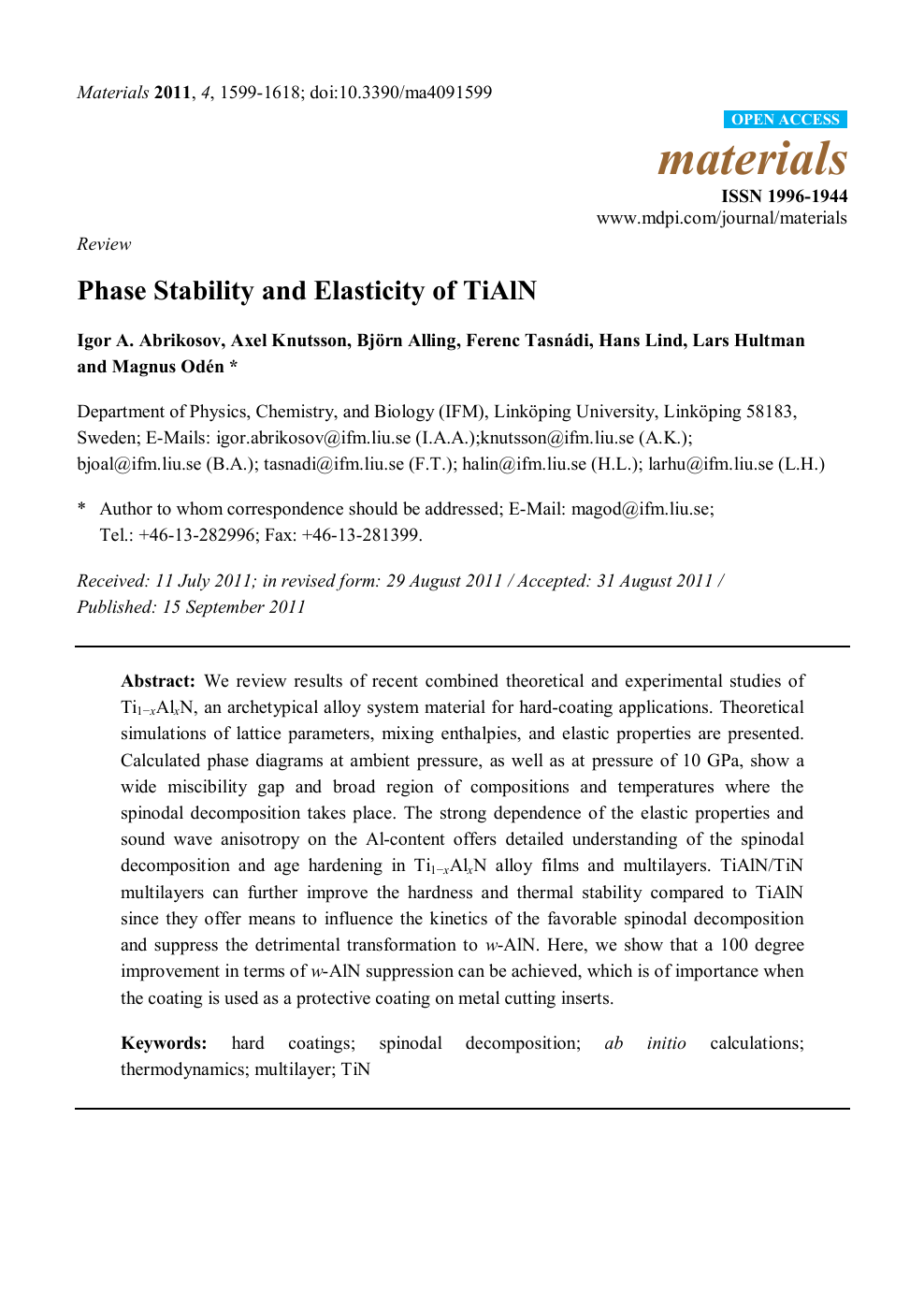 Phase Stability And Elasticity Of Tialn Topic Of Research Paper In Nano Technology Download Scholarly Article Pdf And Read For Free On Cyberleninka Open Science Hub