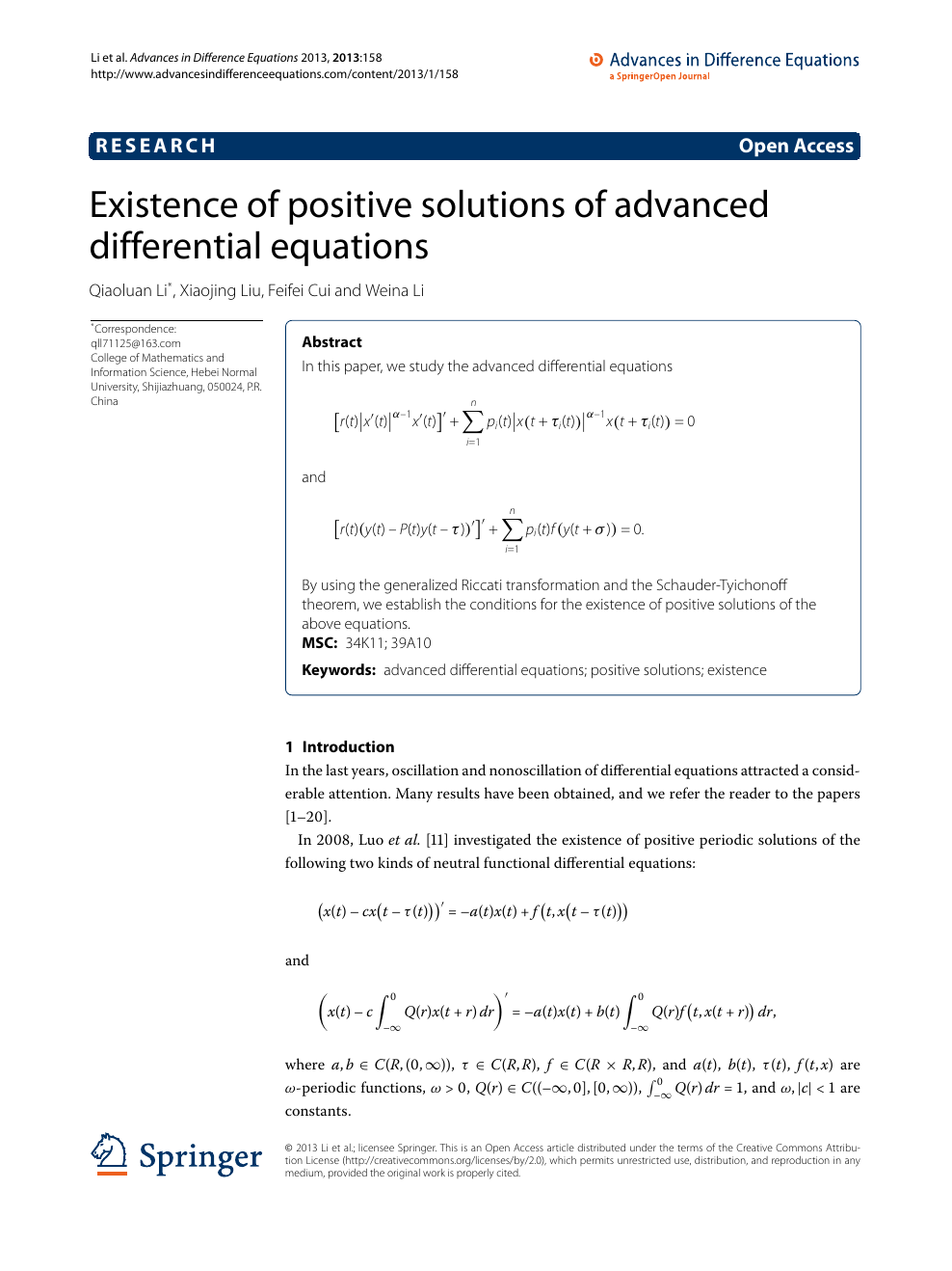 Existence Of Positive Solutions Of Advanced Differential Equations Topic Of Research Paper In Mathematics Download Scholarly Article Pdf And Read For Free On Cyberleninka Open Science Hub