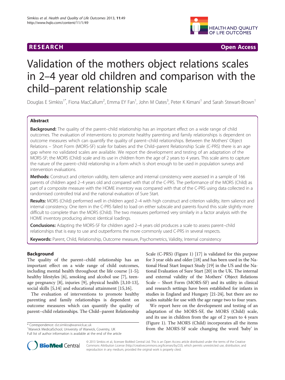 Validation Of The Mothers Object Relations Scales In 2 4 Year Old Children And Comparison With The Child Parent Relationship Scale Topic Of Research Paper In Psychology Download Scholarly Article Pdf And Read