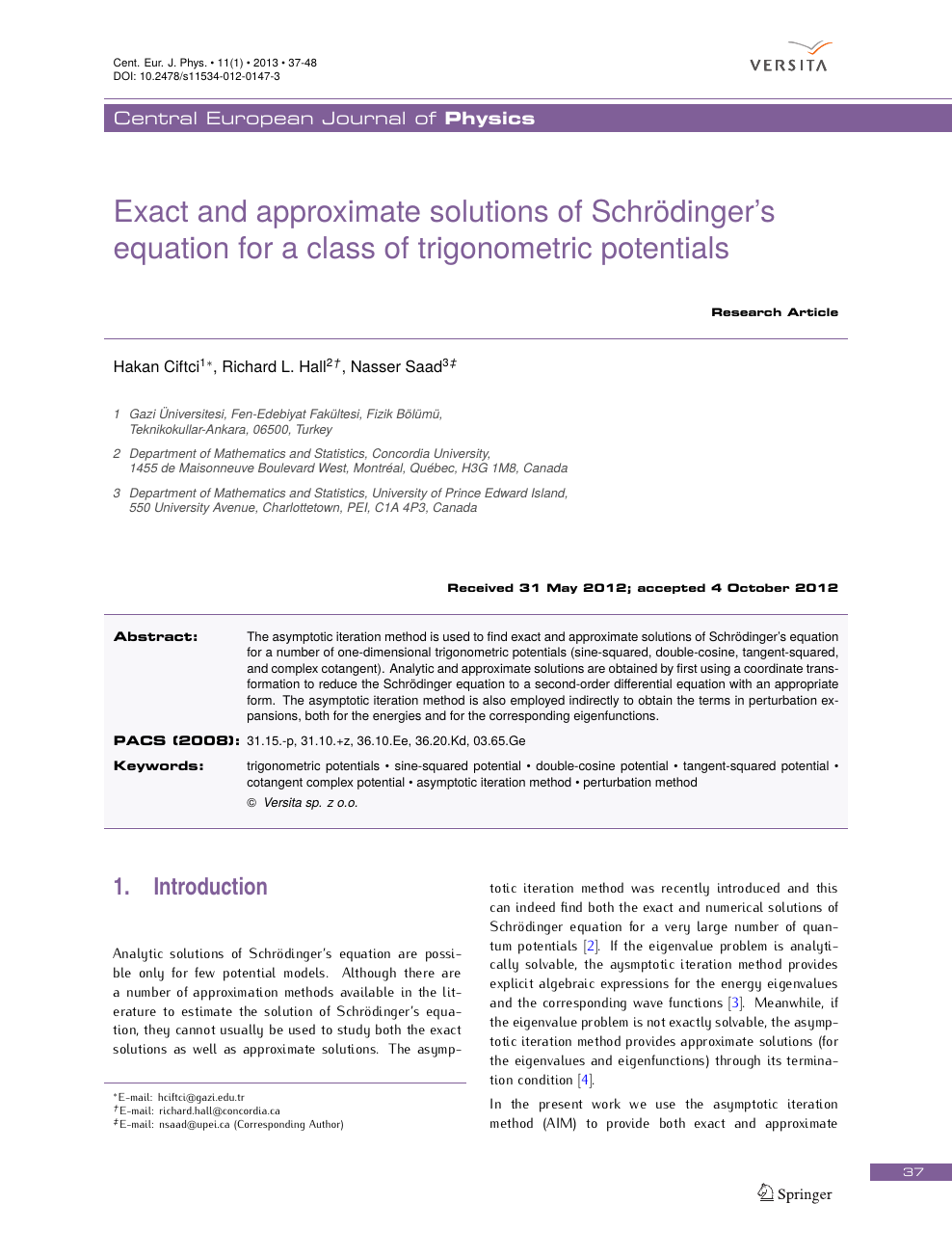 Exact And Approximate Solutions Of Schrodinger S Equation For A Class Of Trigonometric Potentials Topic Of Research Paper In Physical Sciences Download Scholarly Article Pdf And Read For Free On Cyberleninka Open