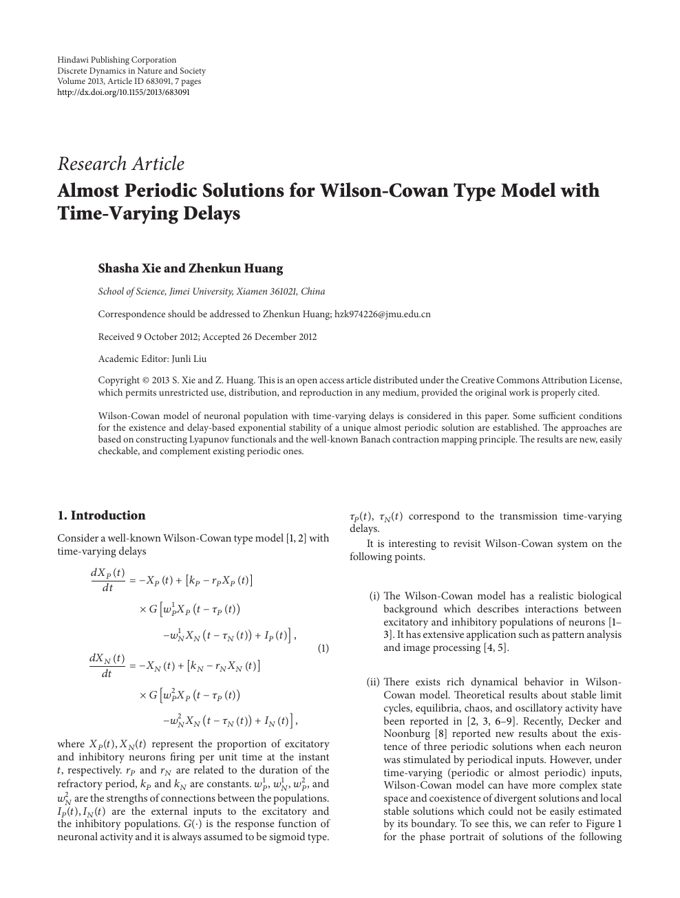 Almost Periodic Solutions For Wilson Cowan Type Model With Time Varying Delays Topic Of Research Paper In Mathematics Download Scholarly Article Pdf And Read For Free On Cyberleninka Open Science Hub