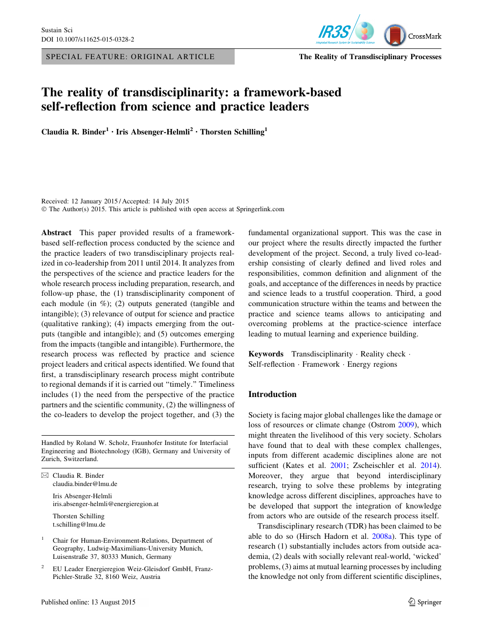 The Reality Of Transdisciplinarity A Framework Based Self Reflection From Science And Practice Leaders Topic Of Research Paper In Earth And Related Environmental Sciences Download Scholarly Article Pdf And Read For Free On