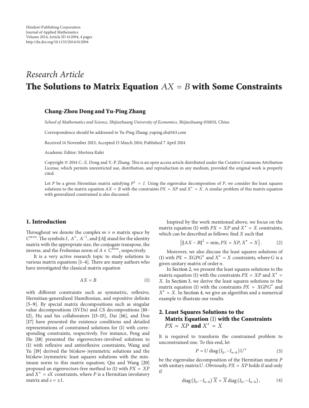 The Solutions To Matrix Equation With Some Constraints Topic Of Research Paper In Mathematics Download Scholarly Article Pdf And Read For Free On Cyberleninka Open Science Hub