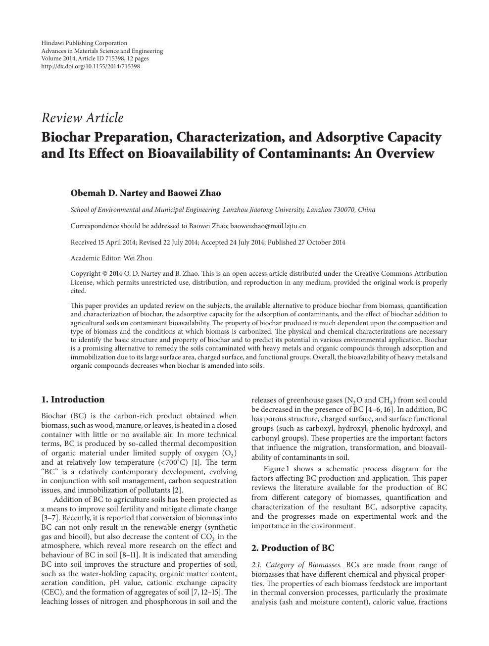 Biochar Preparation Characterization And Adsorptive Capacity And Its Effect On Bioavailability Of Contaminants An Overview Topic Of Research Paper In Chemical Engineering Download Scholarly Article Pdf And Read For Free On
