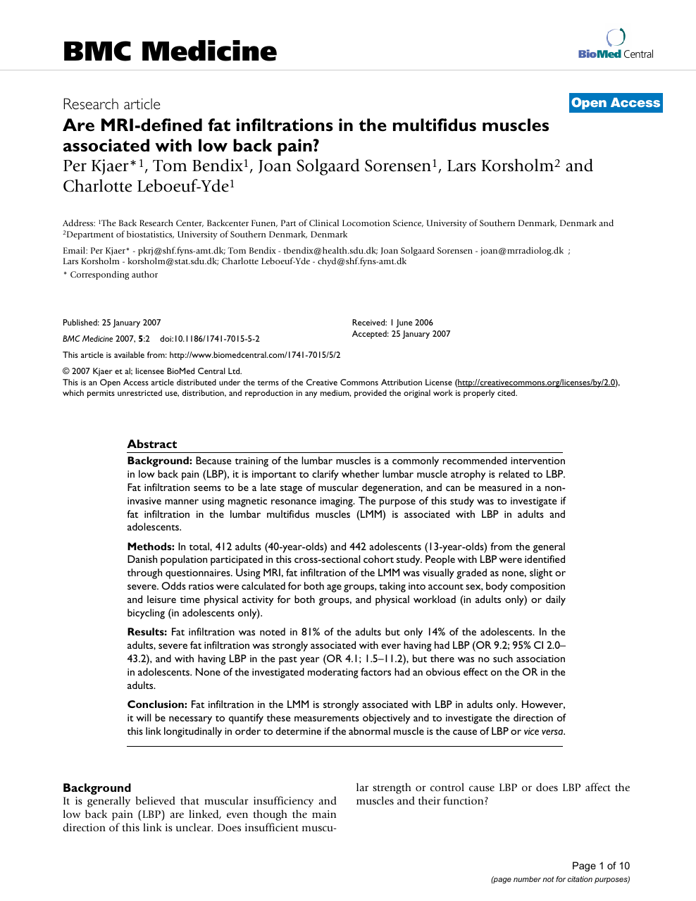 Are Mri Defined Fat Infiltrations In The Multifidus Muscles