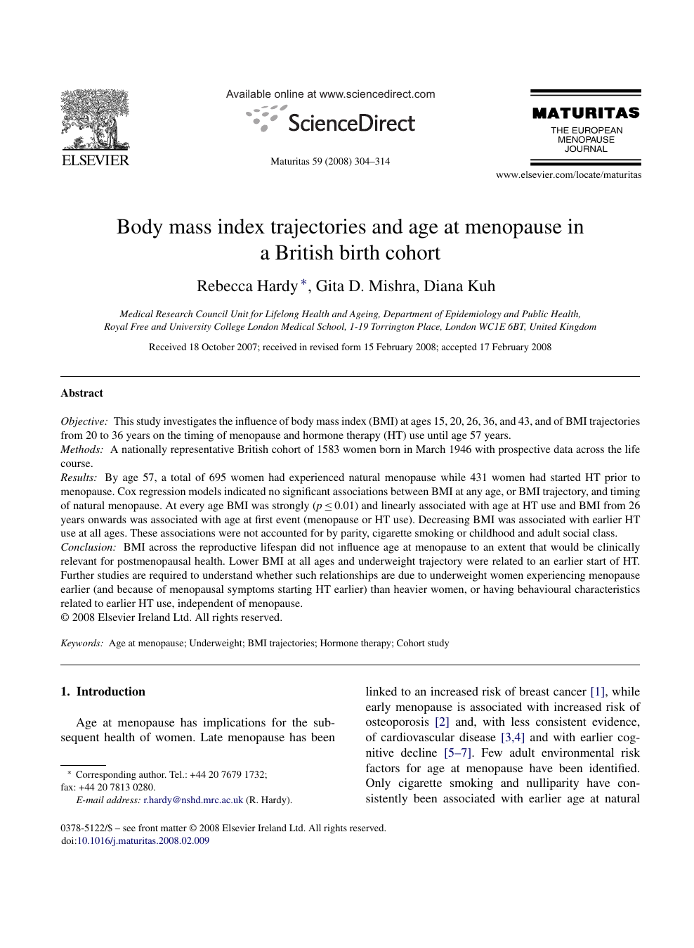 Body Mass Index Trajectories And Age At Menopause In A British