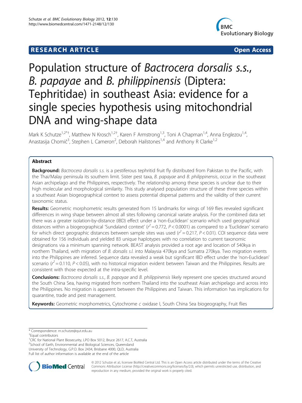 Population Structure Of Bactrocera Dorsalis S S B Papayae And B Philippinensis Diptera Tephritidae In Southeast Asia Evidence For A Single Species Hypothesis Using Mitochondrial Dna And Wing Shape Data Topic Of Research