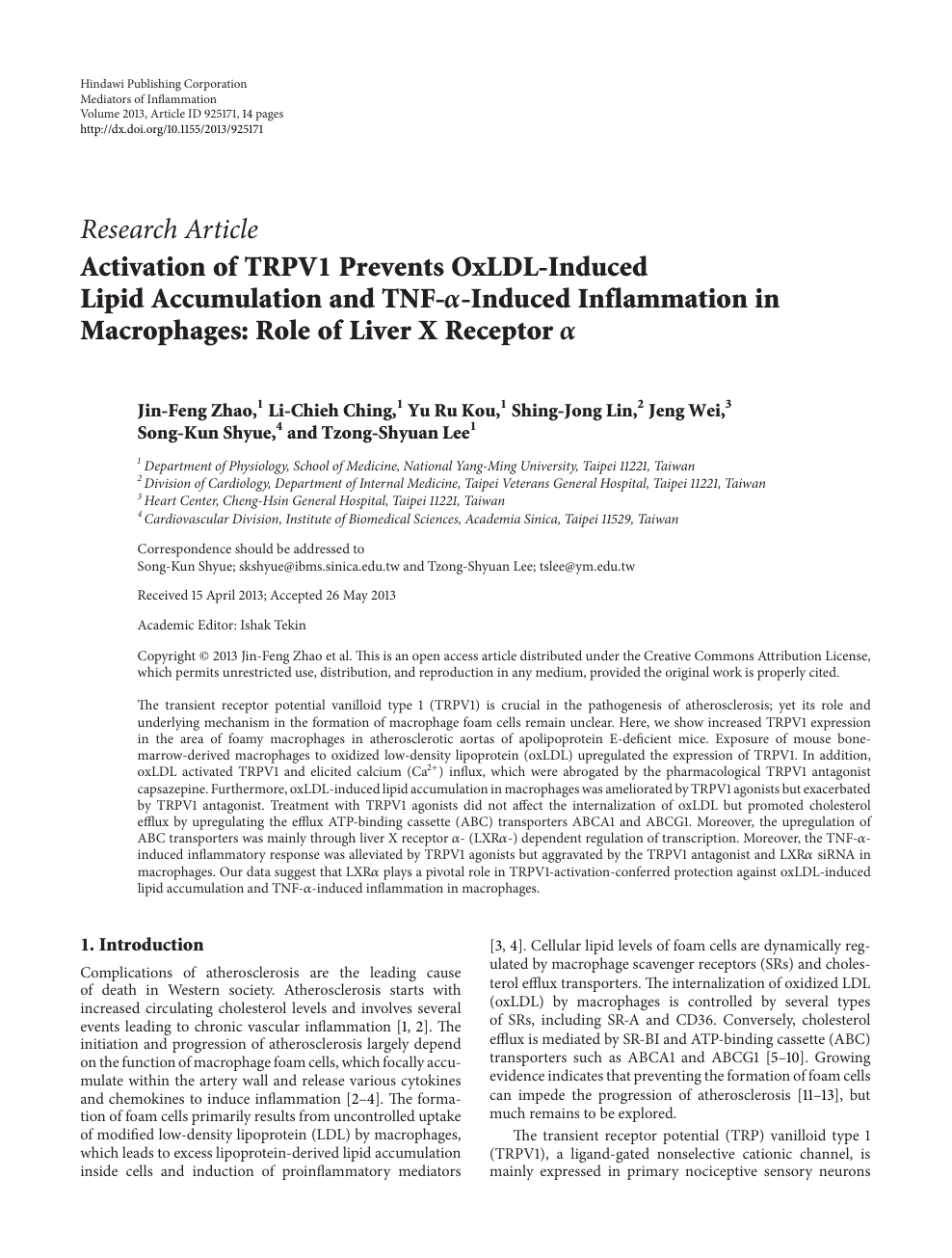 Activation Of Trpv1 Prevents Oxldl Induced Lipid Accumulation And Tnf A Induced Inflammation In Macrophages Role Of Liver X Receptor A Topic Of Research Paper In Biological Sciences Download Scholarly Article Pdf