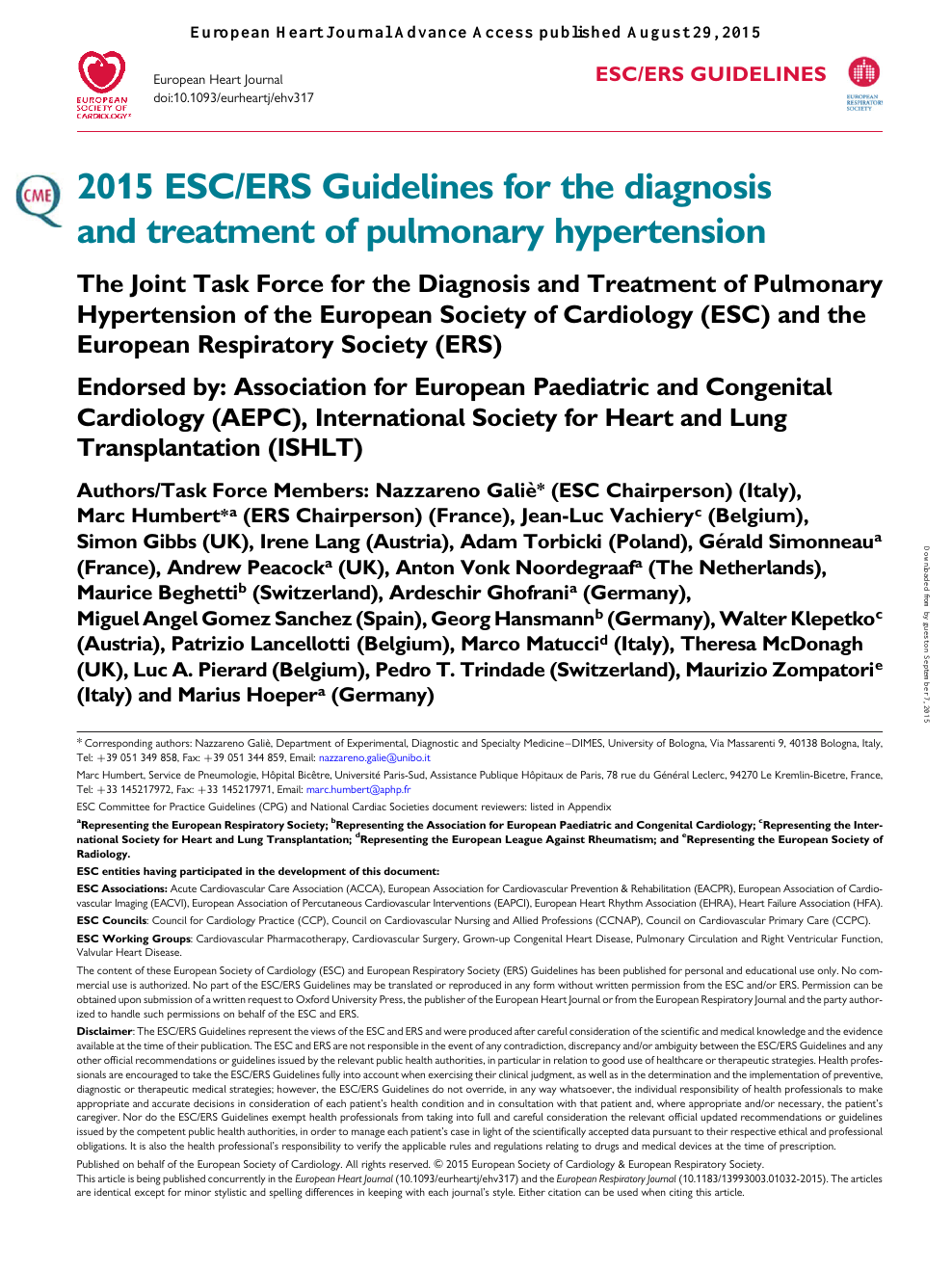 2015 ESC/ERS Guidelines for the diagnosis and treatment of 