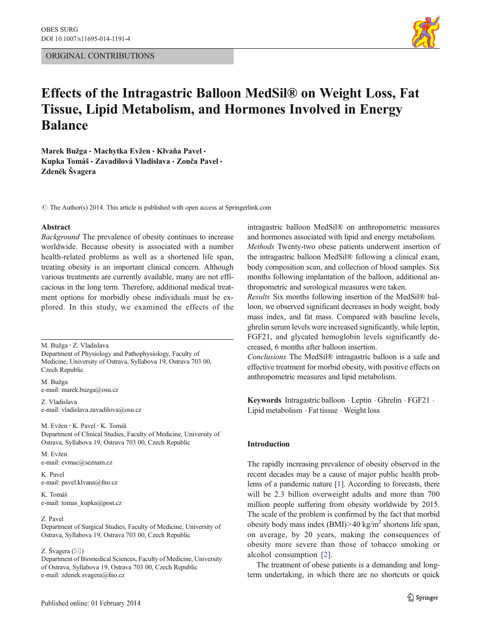 wortel leer Inleg Effects of the Intragastric Balloon MedSil® on Weight Loss, Fat Tissue,  Lipid Metabolism, and Hormones Involved in Energy Balance – topic of  research paper in Health sciences. Download scholarly article PDF and