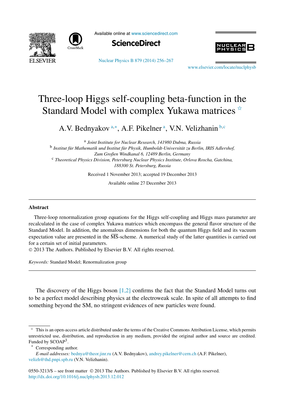 Three Loop Higgs Self Coupling Beta Function In The Standard Model With Complex Yukawa Matrices Topic Of Research Paper In Physical Sciences Download Scholarly Article Pdf And Read For Free On Cyberleninka Open Science