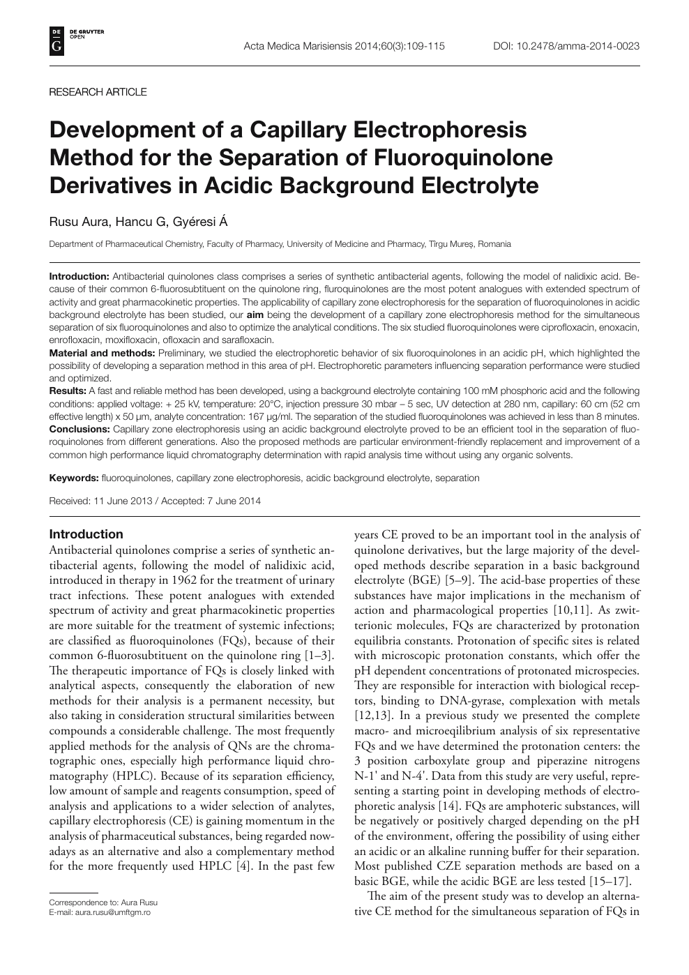 Development Of A Capillary Electrophoresis Method For The Separation Of Fluoroquinolone Derivatives In Acidic Background Electrolyte Topic Of Research Paper In Chemical Sciences Download Scholarly Article Pdf And Read For Free