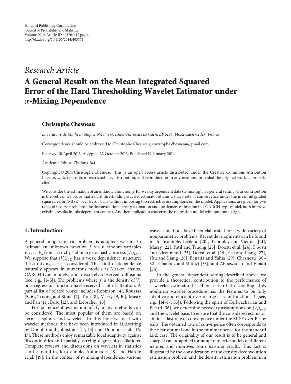 A General Result On The Mean Integrated Squared Error Of The Hard Thresholding Wavelet Estimator Under Mixing Dependence Topic Of Research Paper In Mathematics Download Scholarly Article Pdf And Read For