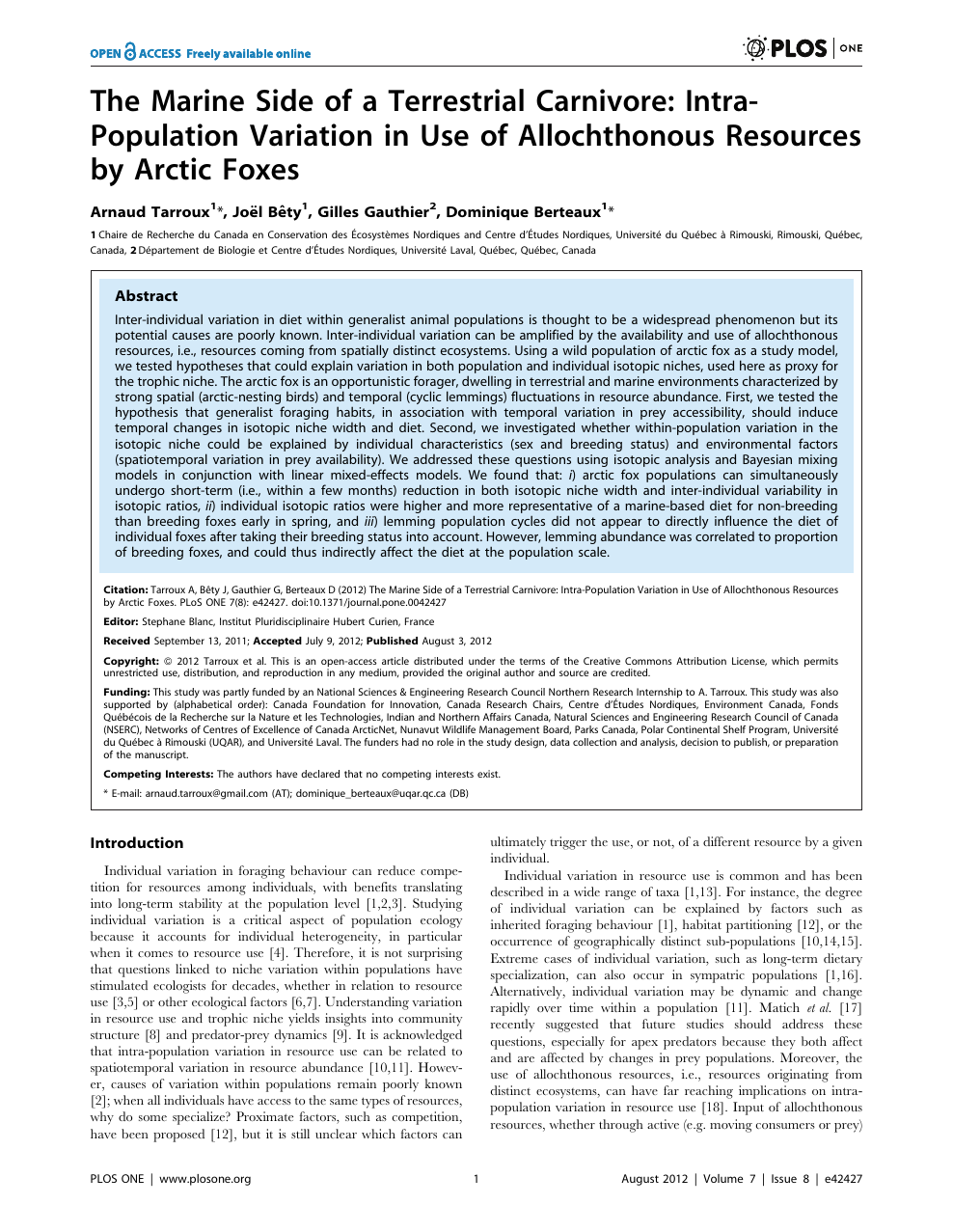The Marine Side Of A Terrestrial Carnivore Intra Population Variation In Use Of Allochthonous Resources By Arctic Foxes Topic Of Research Paper In Biological Sciences Download Scholarly Article Pdf And Read For