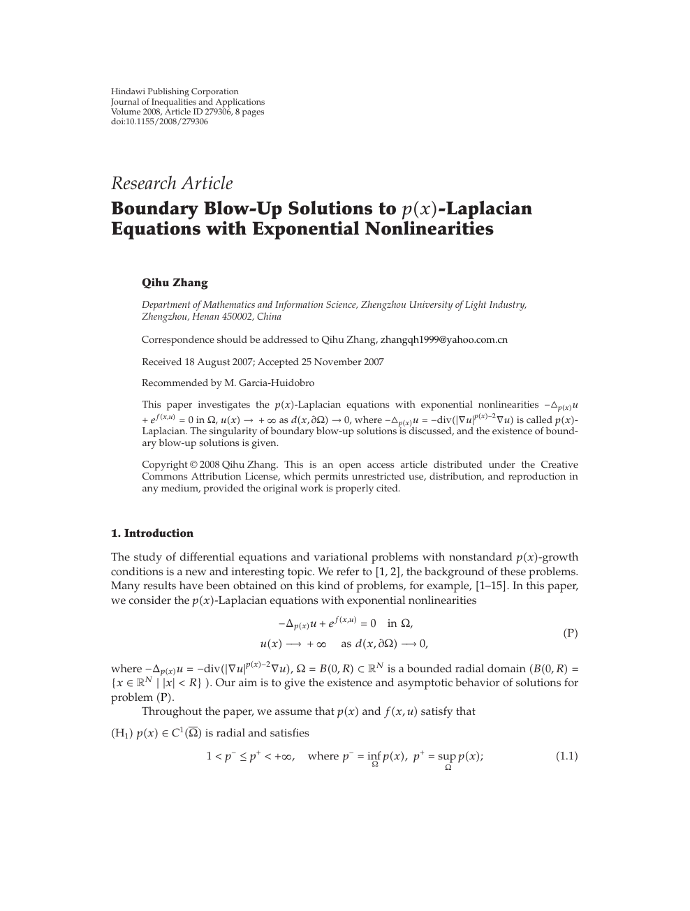 Boundary Blow Up Solutions To P X Laplacian Equations With Exponential Nonlinearities Topic Of Research Paper In Mathematics Download Scholarly Article Pdf And Read For Free On Cyberleninka Open Science Hub