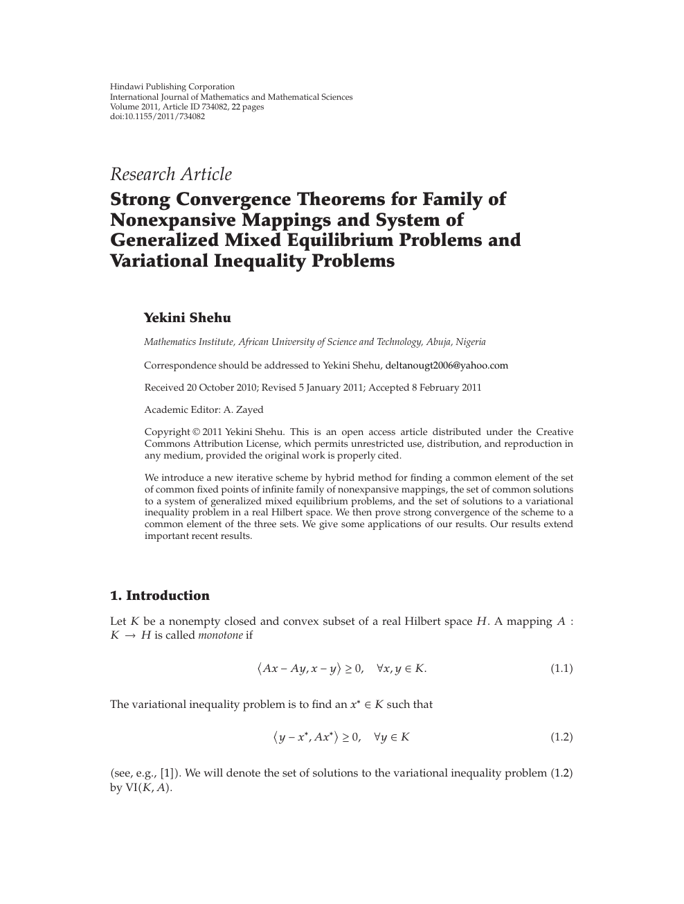 Strong Convergence Theorems For Family Of Nonexpansive Mappings And System Of Generalized Mixed Equilibrium Problems And Variational Inequality Problems Topic Of Research Paper In Mathematics Download Scholarly Article Pdf And Read