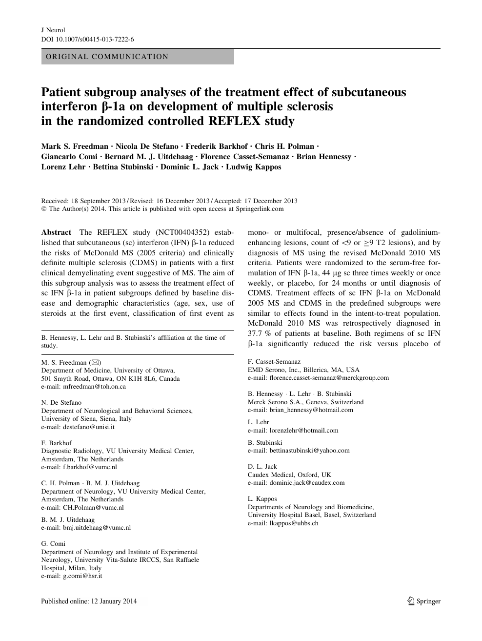 Patient Subgroup Analyses Of The Treatment Effect Of Subcutaneous Interferon B 1a On Development Of Multiple Sclerosis In The Randomized Controlled Reflex Study Topic Of Research Paper In Clinical Medicine Download Scholarly