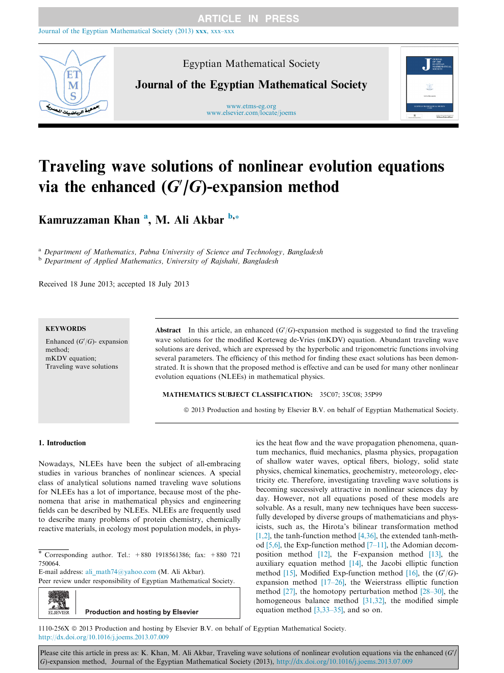 Traveling Wave Solutions Of Nonlinear Evolution Equations Via The Enhanced G G Expansion Method Topic Of Research Paper In Mathematics Download Scholarly Article Pdf And Read For Free On Cyberleninka Open Science Hub