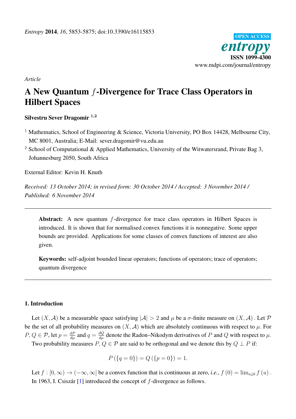 A New Quantum F Divergence For Trace Class Operators In Hilbert Spaces Topic Of Research Paper In Mathematics Download Scholarly Article Pdf And Read For Free On Cyberleninka Open Science Hub