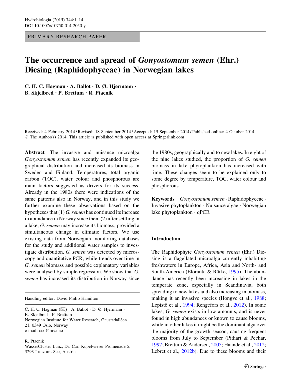 The Occurrence And Spread Of Gonyostomum Semen Ehr Diesing Raphidophyceae In Norwegian Lakes Topic Of Research Paper In Biological Sciences Download Scholarly Article Pdf And Read For Free On Cyberleninka Open