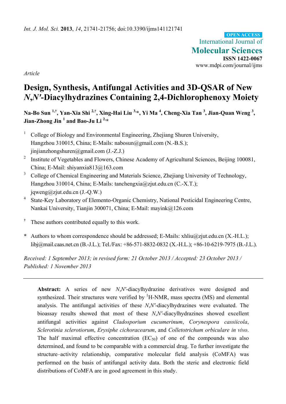 Design Synthesis Antifungal Activities And 3d Qsar Of New N N Diacylhydrazines Containing 2 4 Dichlorophenoxy Moiety Topic Of Research Paper In Chemical Sciences Download Scholarly Article Pdf And Read For Free On Cyberleninka Open Science