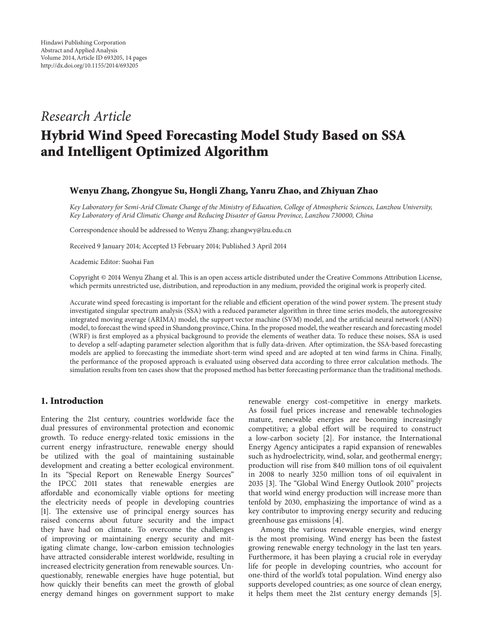 Hybrid Wind Speed Forecasting Model Study Based On Ssa And Intelligent Optimized Algorithm Topic Of Research Paper In Mathematics Download Scholarly Article Pdf And Read For Free On Cyberleninka Open Science