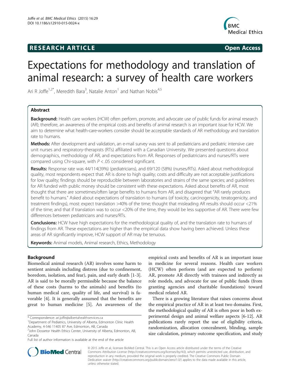 Expectations for methodology and translation of animal research: a survey  of health care workers – topic of research paper in Biological sciences.  Download scholarly article PDF and read for free on CyberLeninka