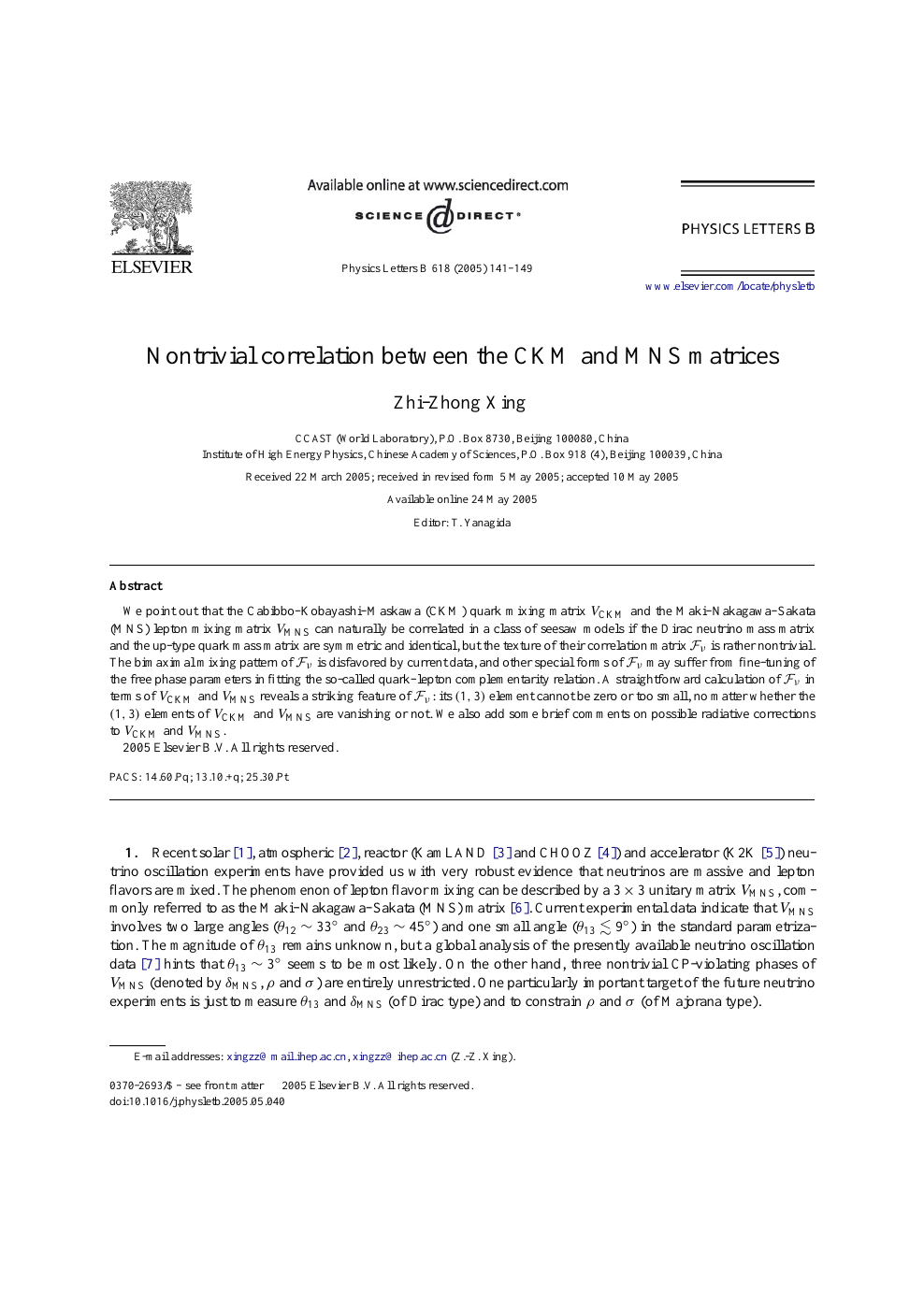 Nontrivial Correlation Between The Ckm And Mns Matrices Topic Of Research Paper In Physical Sciences Download Scholarly Article Pdf And Read For Free On Cyberleninka Open Science Hub