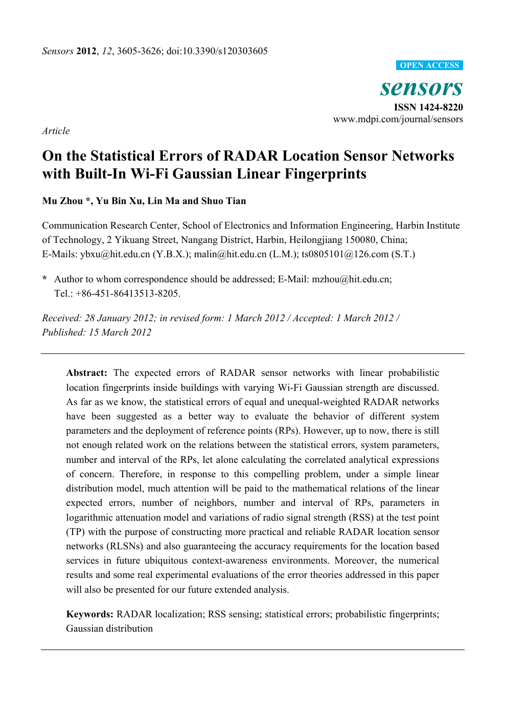 On The Statistical Errors Of Radar Location Sensor Networks With Built In Wi Fi Gaussian Linear Fingerprints Topic Of Research Paper In Electrical Engineering Electronic Engineering Information Engineering Download Scholarly Article Pdf And