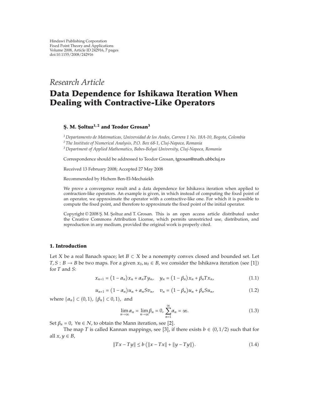 Data Dependence For Ishikawa Iteration When Dealing With Contractive Like Operators Topic Of Research Paper In Mathematics Download Scholarly Article Pdf And Read For Free On Cyberleninka Open Science Hub