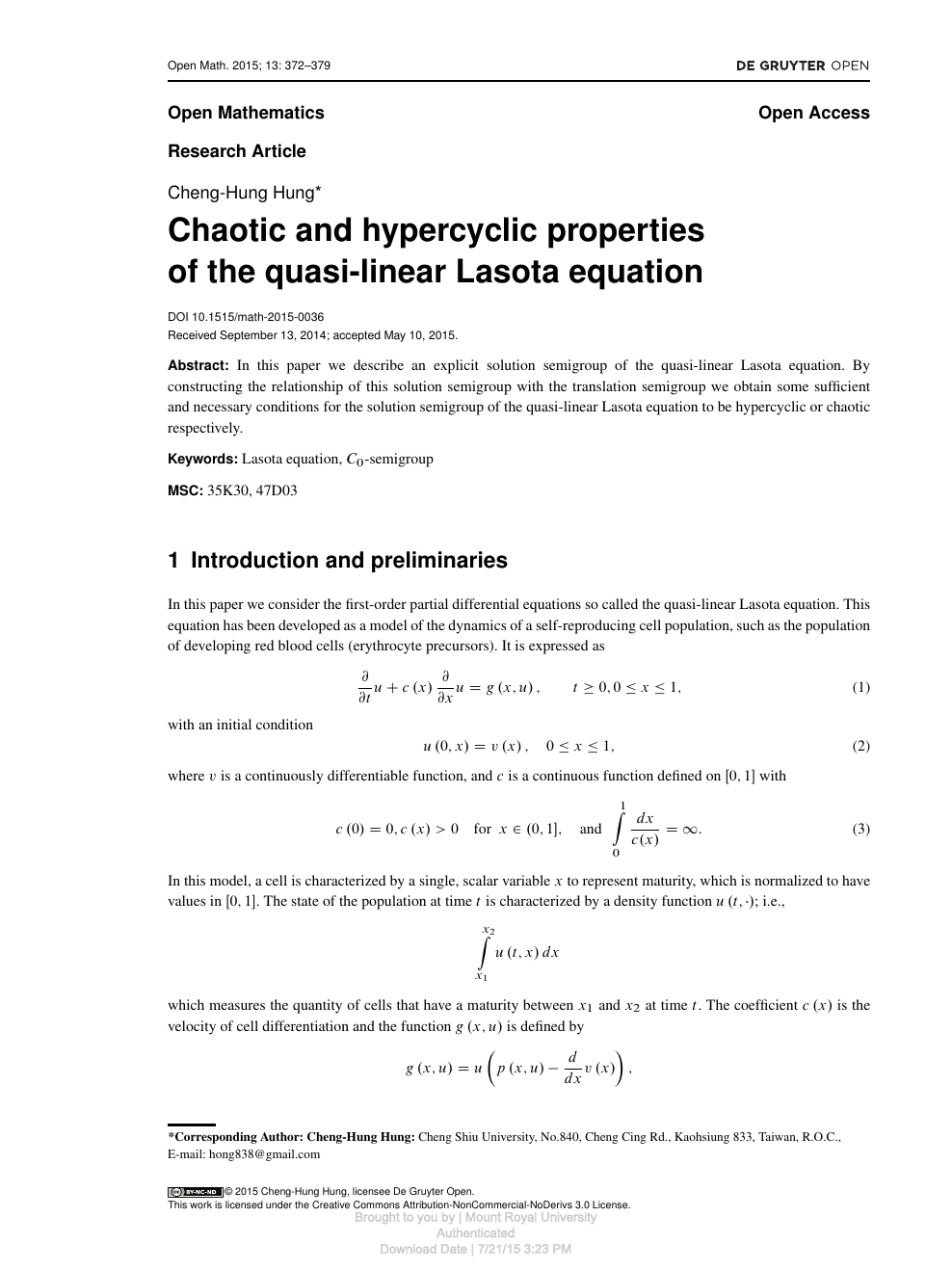 Chaotic And Hypercyclic Properties Of The Quasi Linear Lasota Equation Topic Of Research Paper In Mathematics Download Scholarly Article Pdf And Read For Free On Cyberleninka Open Science Hub