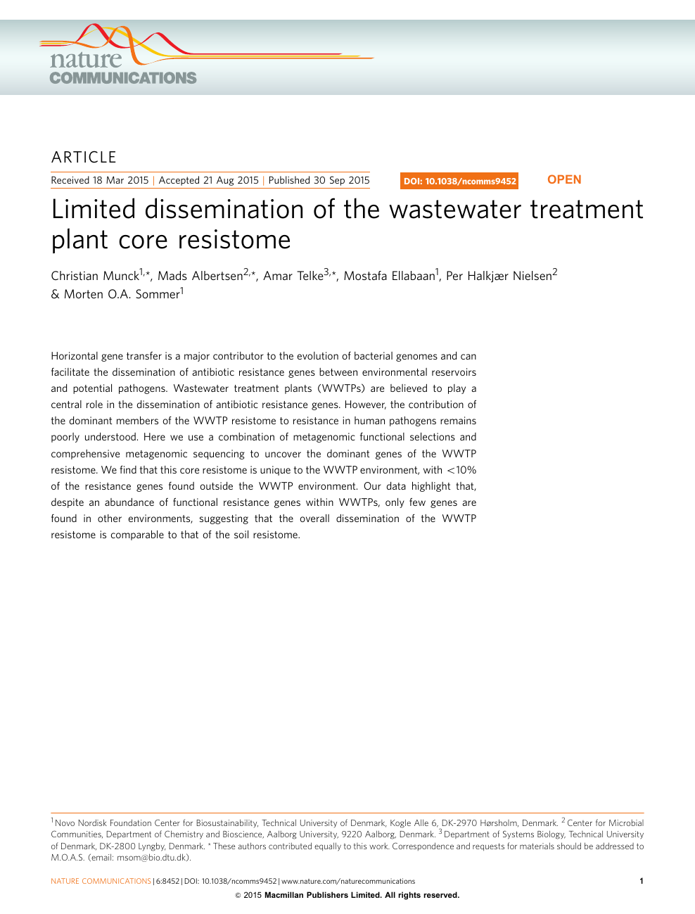 Limited dissemination of wastewater treatment plant core resistome – topic of research paper Biological sciences. Download scholarly PDF and read for free on CyberLeninka open science hub.