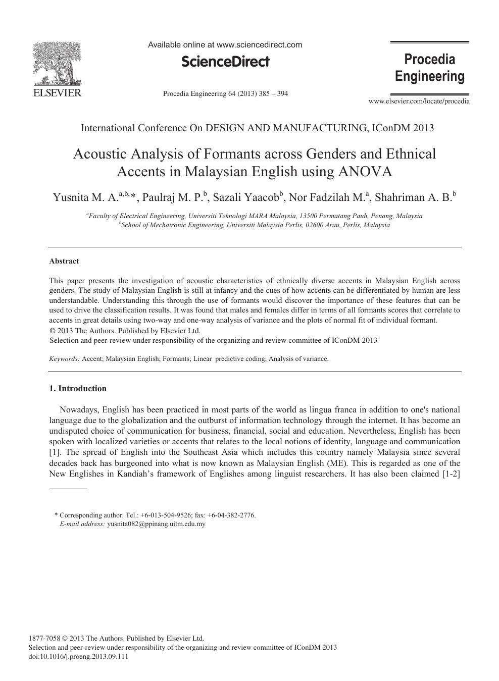Acoustic Analysis Of Formants Across Genders And Ethnical Accents In Malaysian English Using Anova Topic Of Research Paper In Educational Sciences Download Scholarly Article Pdf And Read For Free On Cyberleninka
