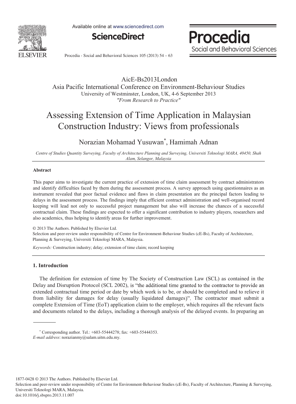 Assessing Extension Of Time Application In Malaysian Construction Industry Views From Professionals Topic Of Research Paper In Civil Engineering Download Scholarly Article Pdf And Read For Free On Cyberleninka Open Science