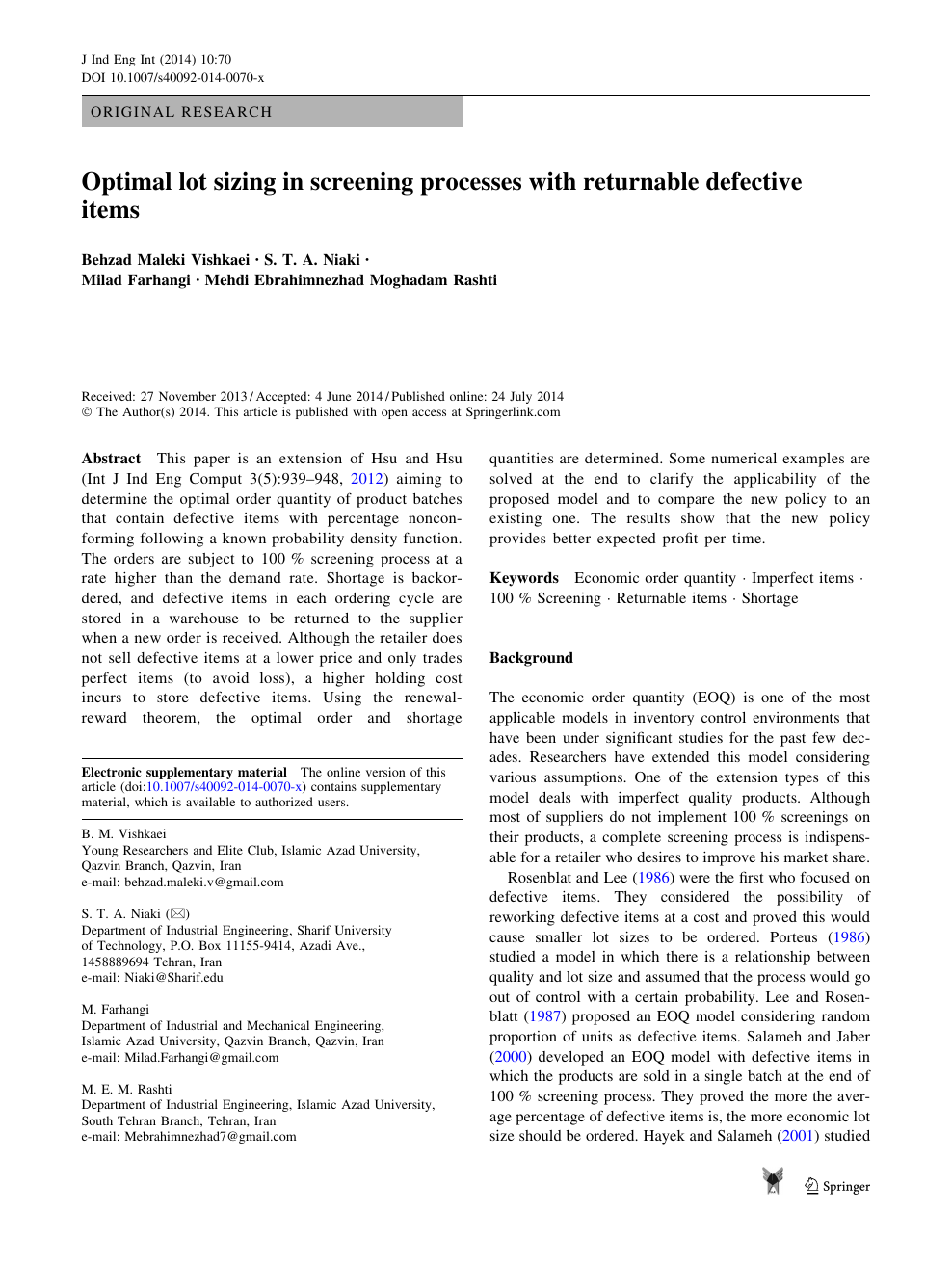 Optimal Lot Sizing In Screening Processes With Returnable Defective Items Topic Of Research Paper In Mathematics Download Scholarly Article Pdf And Read For Free On Cyberleninka Open Science Hub