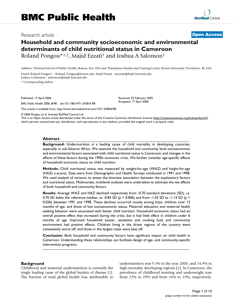 Household and community socioeconomic and environmental of child nutritional status in Cameroon – topic research paper in sciences. Download scholarly article and read for free on CyberLeninka open