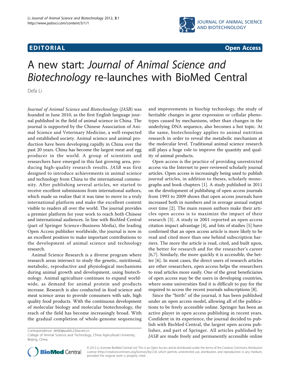 A new start: Journal of Animal Science and Biotechnology re-launches with  BioMed Central – topic of research paper in Veterinary science. Download  scholarly article PDF and read for free on CyberLeninka open