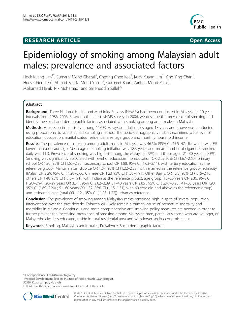 Epidemiology Of Smoking Among Malaysian Adult Males Prevalence And Associated Factors Topic Of Research Paper In Health Sciences Download Scholarly Article Pdf And Read For Free On Cyberleninka Open Science Hub