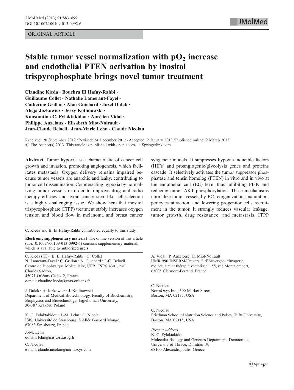 Stable Tumor Vessel Normalization With Po2 Increase And Endothelial Pten Activation By Inositol Trispyrophosphate Brings Novel Tumor Treatment Topic Of Research Paper In Biological Sciences Download Scholarly Article Pdf And Read
