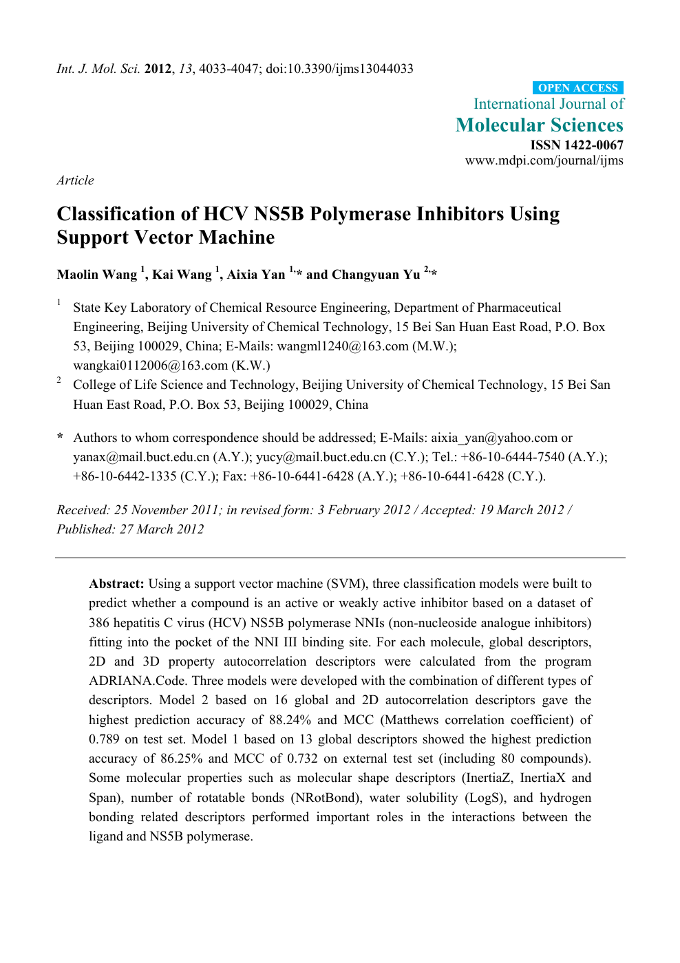Classification Of Hcv Ns5b Polymerase Inhibitors Using Support Vector Machine Topic Of Research Paper In Chemical Sciences Download Scholarly Article Pdf And Read For Free On Cyberleninka Open Science Hub