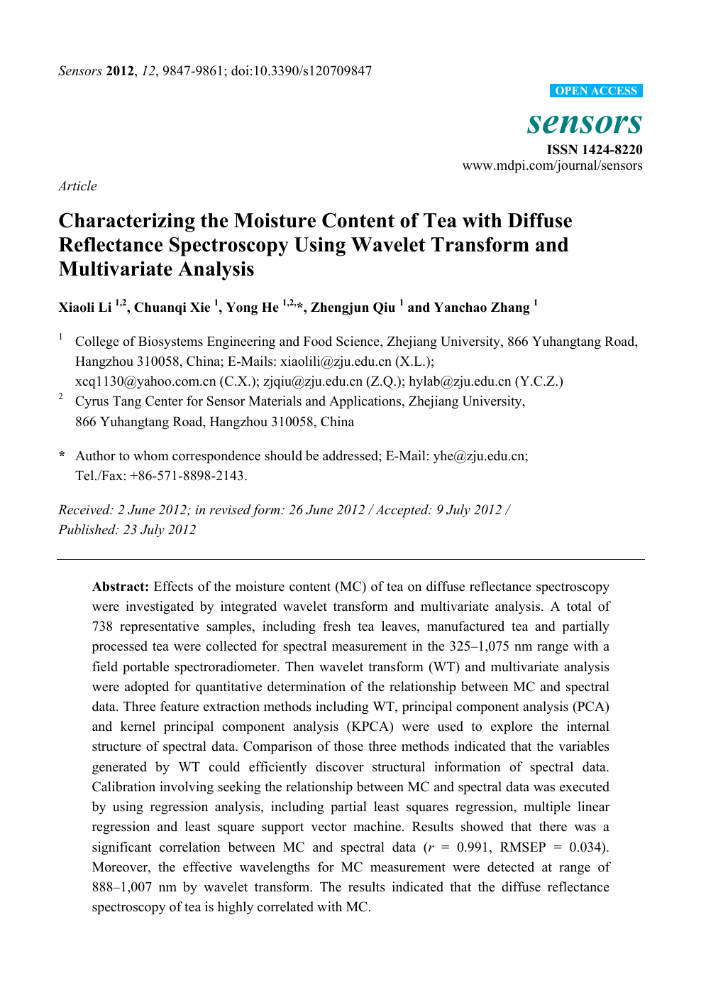Characterizing The Moisture Content Of Tea With Diffuse Reflectance Spectroscopy Using Wavelet Transform And Multivariate Analysis Topic Of Research Paper In Earth And Related Environmental Sciences Download Scholarly Article Pdf And