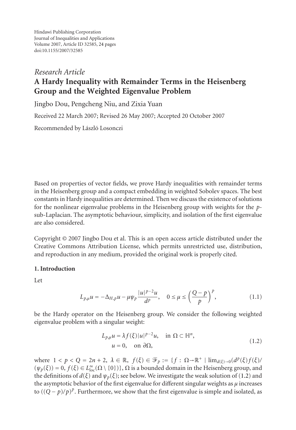 A Hardy Inequality With Remainder Terms In The Heisenberg Group And The Weighted Eigenvalue Problem Topic Of Research Paper In Mathematics Download Scholarly Article Pdf And Read For Free On Cyberleninka