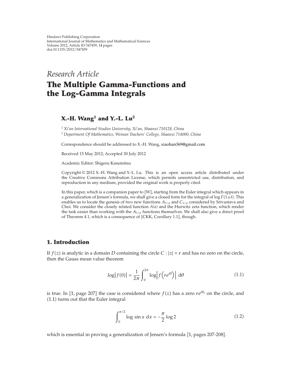 The Multiple Gamma Functions And The Log Gamma Integrals Topic Of Research Paper In Mathematics Download Scholarly Article Pdf And Read For Free On Cyberleninka Open Science Hub