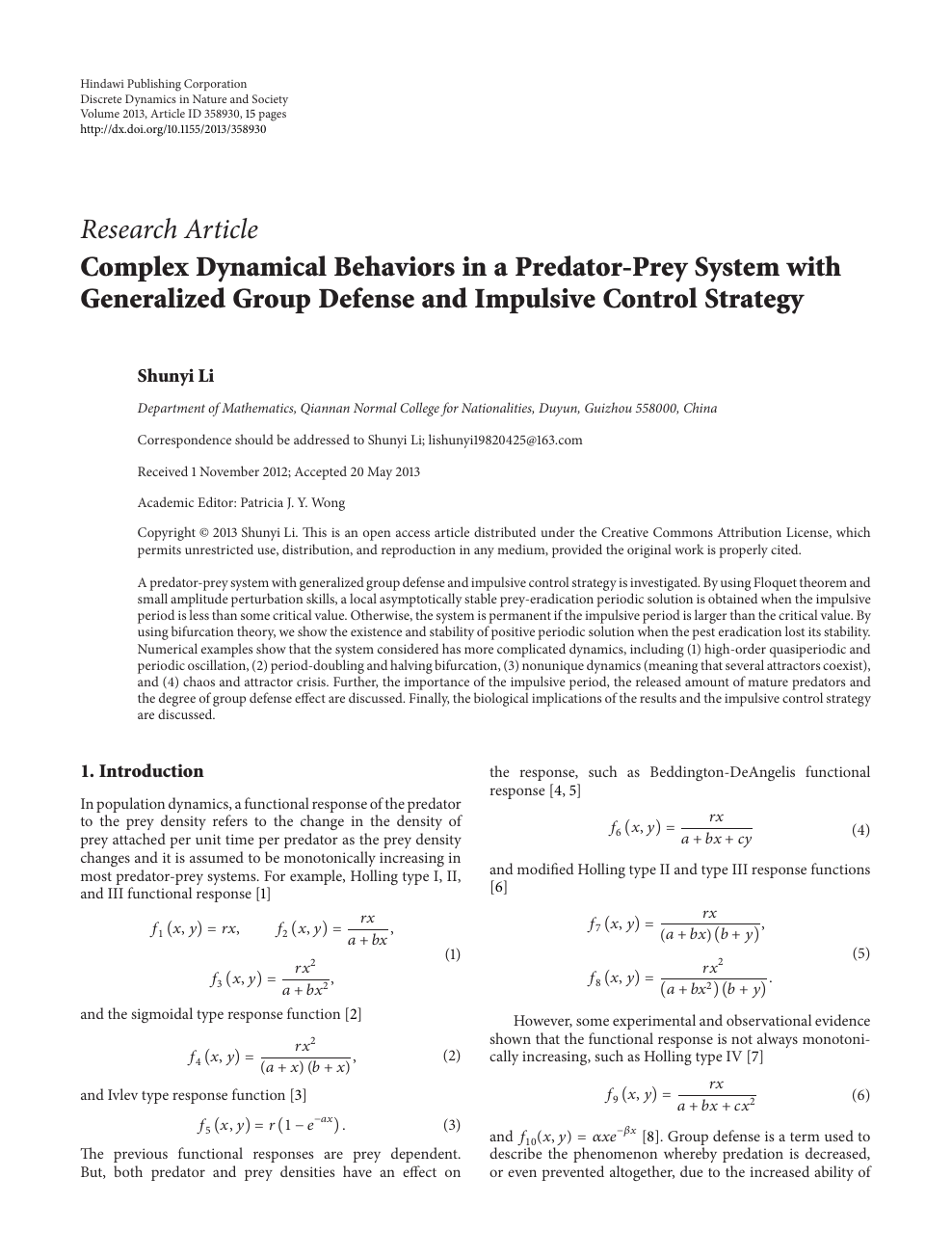 Complex Dynamical Behaviors In A Predator Prey System With Generalized Group Defense And Impulsive Control Strategy Topic Of Research Paper In Mathematics Download Scholarly Article Pdf And Read For Free On Cyberleninka